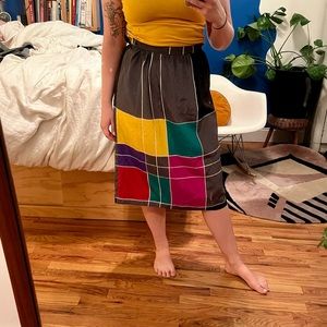 Vintage Mondrian inspired color block silk midi skirt